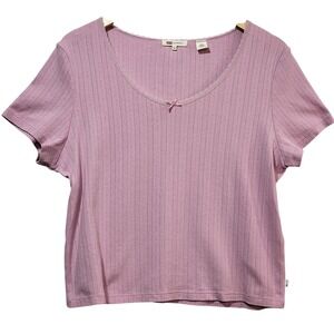 Levis Womens XXL Mauve Pink Pointelle Knit Scoop Neck Lace Trim Bow Tee Shirt